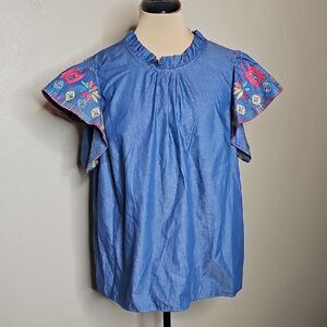 Crown & Ivy XL Embroidered Flutter Sleeve Blue Chambray Women's Top